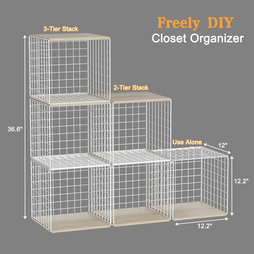 3PCS Stackable Closet Organizers and Storage, Closet Shelves with Wood Top Extra Storage, Clothes Storage Organizer Basket Bin/Cube for Home Wardrobe Organization(White-Sturdy Metal) Patent Pending
