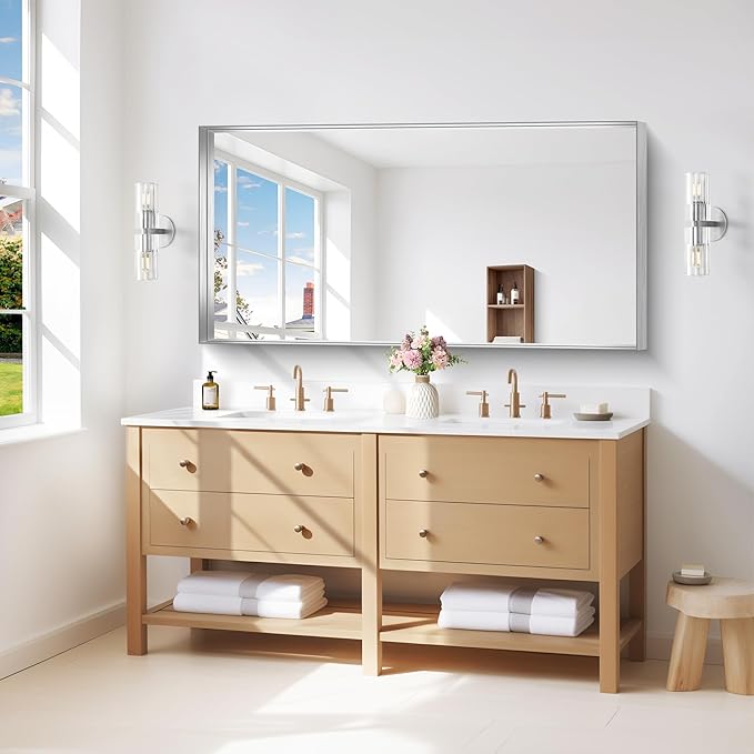Silver Bathroom Mirror, 24x48 Inch Rectangular Framed Mirror, Large Wall