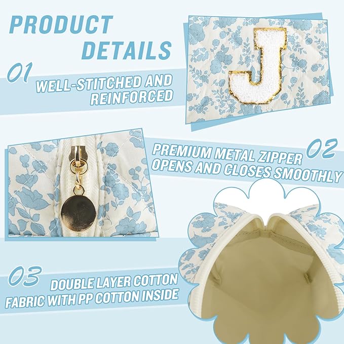 Personalized Quilted Cosmetic Bag, Puffy Monogrammed Christmas Birthday Gifts for Women & Girls, Cute initial Floral Makeup Bag Puffer Coquette Bag, Aesthetic Travel Toiletry Zipper Pouch(Blue,J)