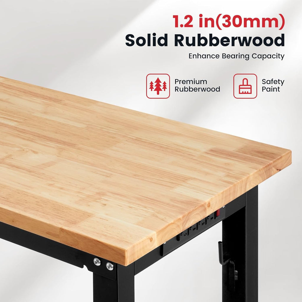 Workbench for Garage 48 Inch Work Bench Table Adjustable Height Rubberwood Tabletop Work Table with Power Outlets for Woodworking Shop Home Office Electronic Cutting Wood