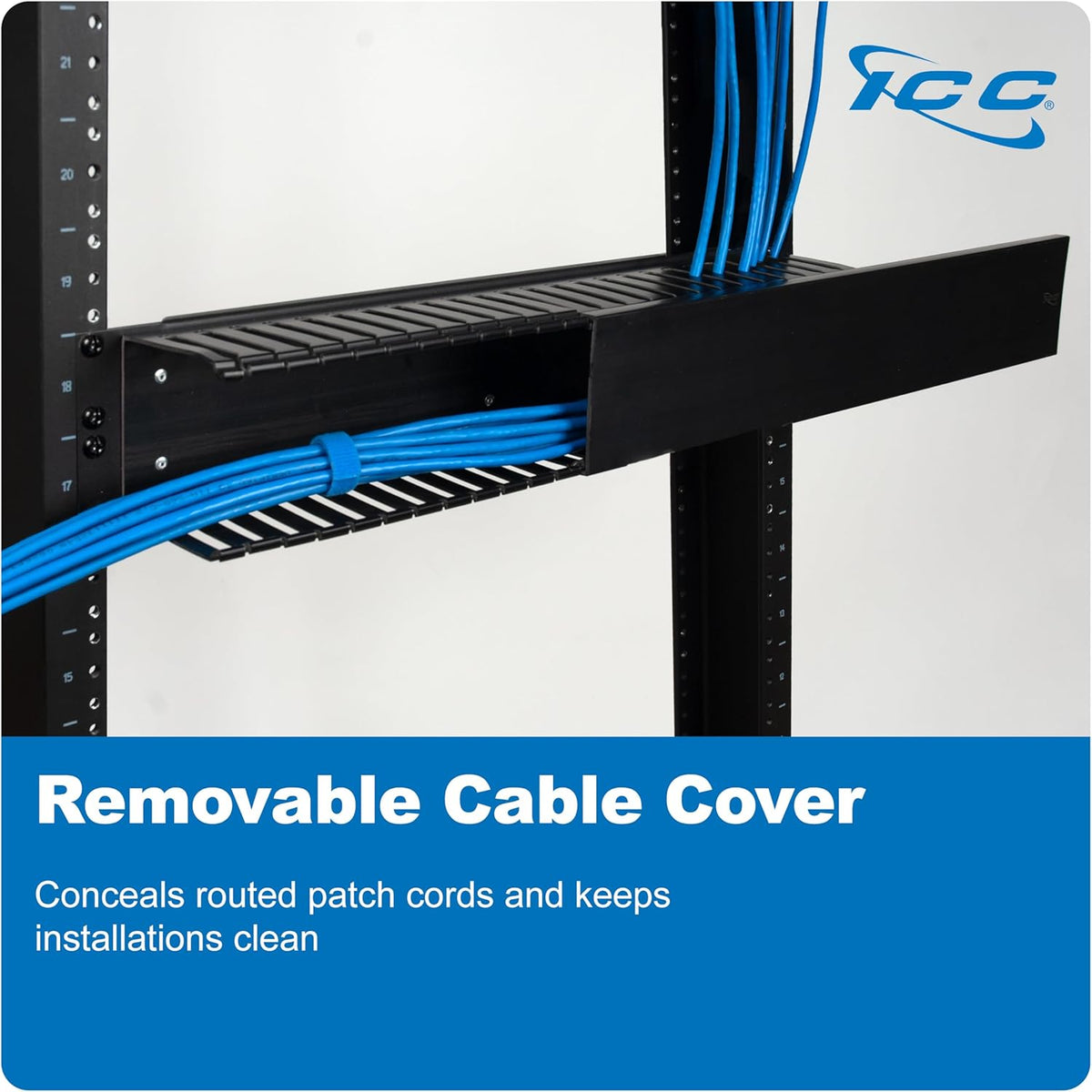 ICC 2U Finger Duct Cable Manager Panel with Cover, Plastic with Metal Back Frame, 3" Depth, Horizontal Cable Management, Rackmount for 19” Network Racks, Black, 6-Pack