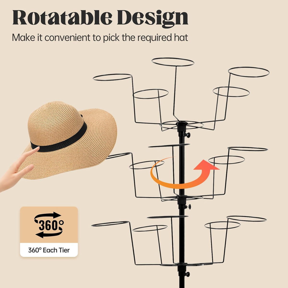 7-Tier Rotating Hat Display Rack Stand – Freestanding Metal Hat Organizer with 35 Cap Holders, Adjustable Height & Rolling Base, Space-Saving Standing Hat Rack for Baseball Caps, Cowboy Hats, Stores