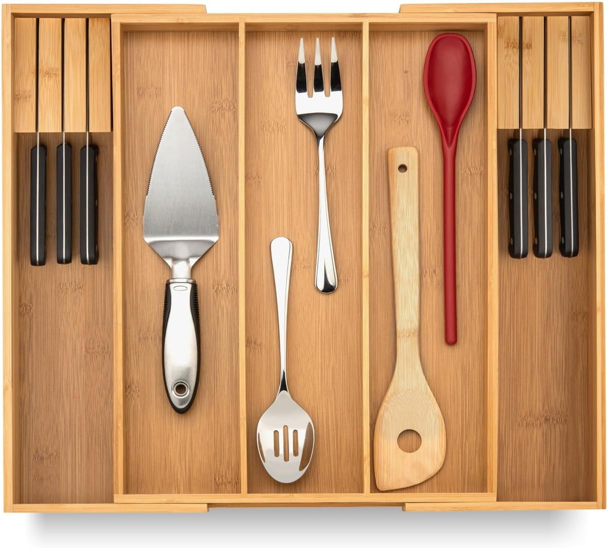 Purawood Kitchen Drawer Organizer with Knife Blocks - Utensil Drawer Organizer for Kitchen, Cutlery Tray & Silverware Organizer, 3-5 Slots - Bamboo Organizer for Utensils & Flatware (Natural)