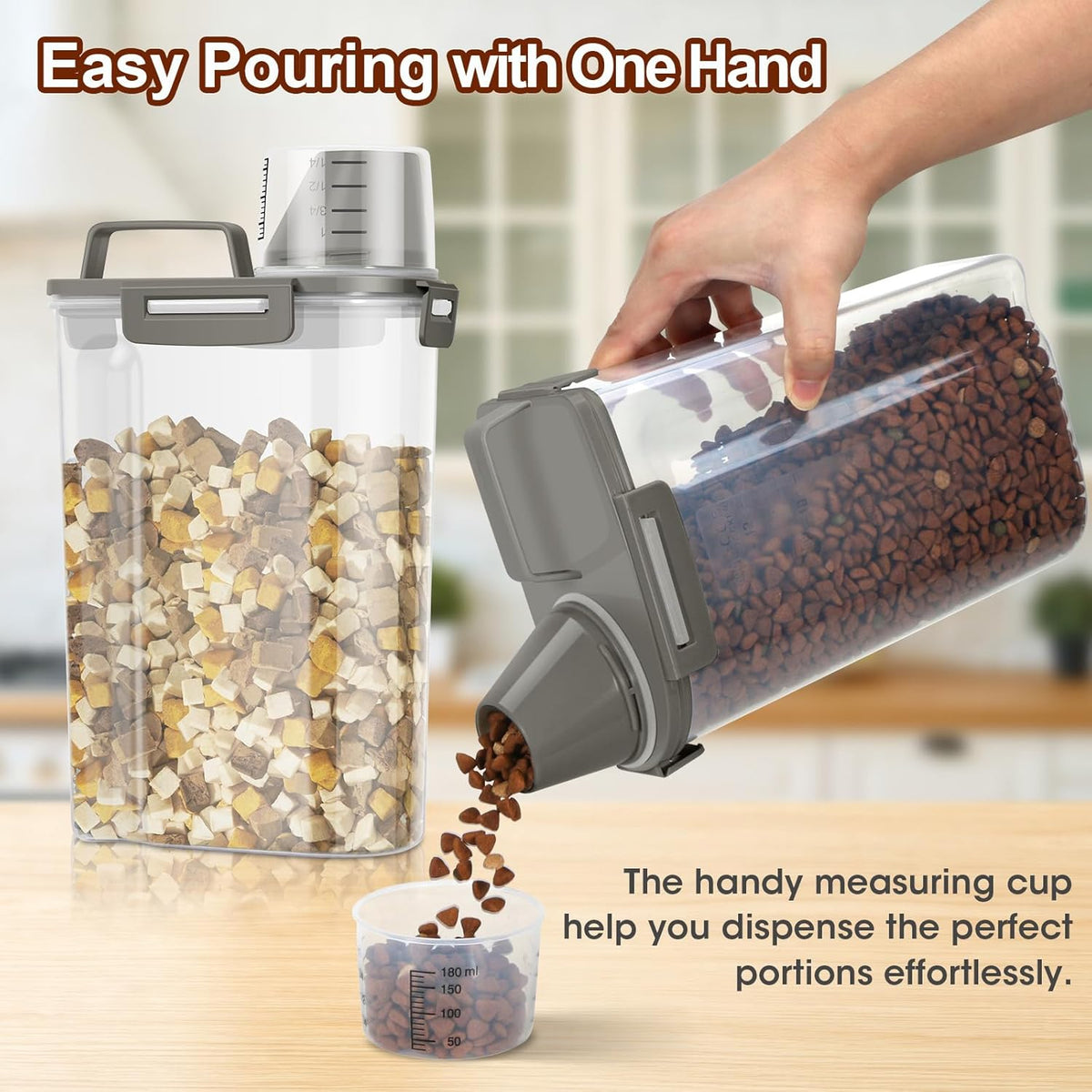 TBMax Small Dog Cat Food Storage Containers 2 Pack, Travel-Friendly Pet Food Container with Spout & Measuring Cup, Kid-Friendly Pet Feeding Dispenser, Portable Dog Treat Bird Seed Container -Grey