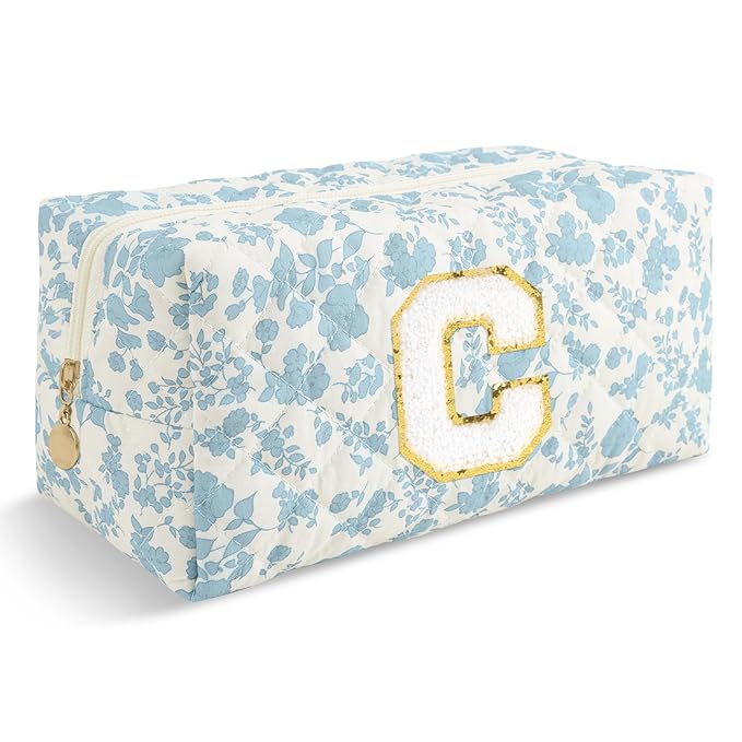 Personalized Quilted Cosmetic Bag, Puffy Monogrammed Christmas Birthday Gifts for Women & Girls, Cute initial Floral Makeup Bag Puffer Coquette Bag, Aesthetic Travel Toiletry Zipper Pouch(Blue,C)