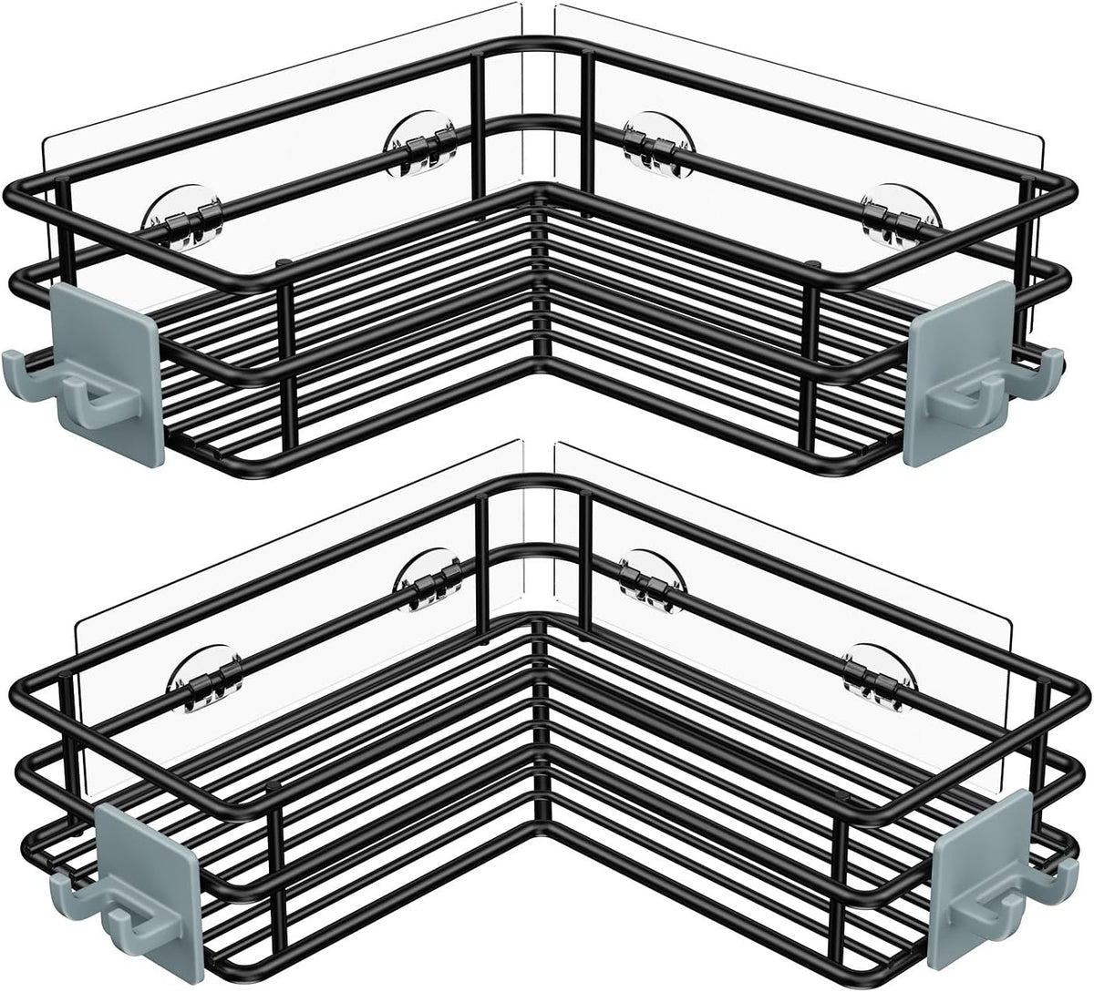 Nieifi Adhesive Corner Shower Caddy Shelf Basket Rack with Hooks, Rust Proof Stainless Steel Bathroom Shelf Shampoo Holder No Drilling (Black)