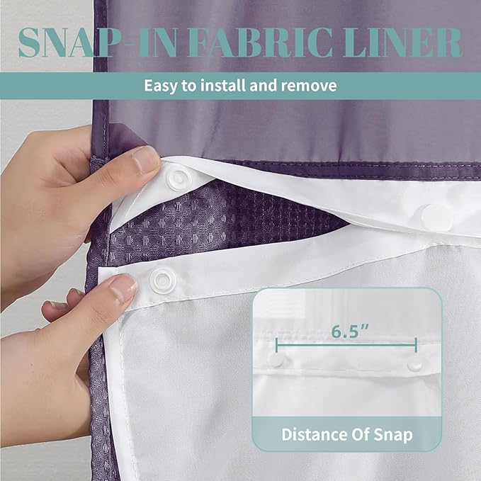eachope Purple Long No Hook Waffle Weave Shower Curtain with snap-in Liner Replacement, 230GSM Waterproof Fabric Hotel Shower Curtain Set for Bathroom, Through Mesh Top Window,71Wx80H