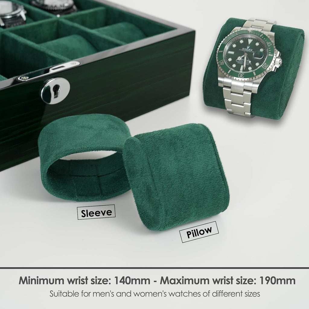 Watch Box for Men 10 Watches Storage Organizer Case, Smart Watch Display, Green Wood with Soft Suede Interior, Large Glass Window, Gift for Women and Man (10W-GR)