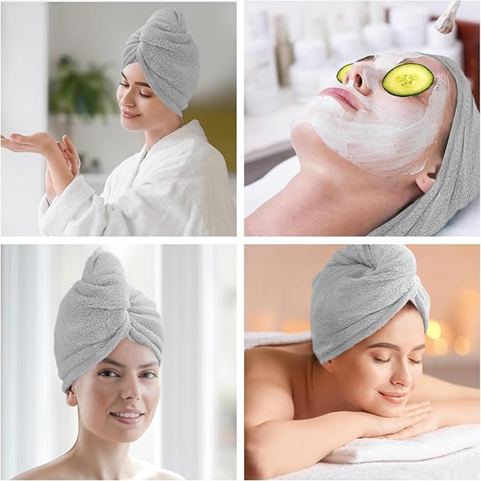 AGLIFEFY 2 Pack Microfiber Hair Towel Wrap for Women Super Absorbent Quick Dry Hair Turban for Drying Curly, Long & Thick Hair 10 inch X 26 inch Lightgrey+Lightgrey