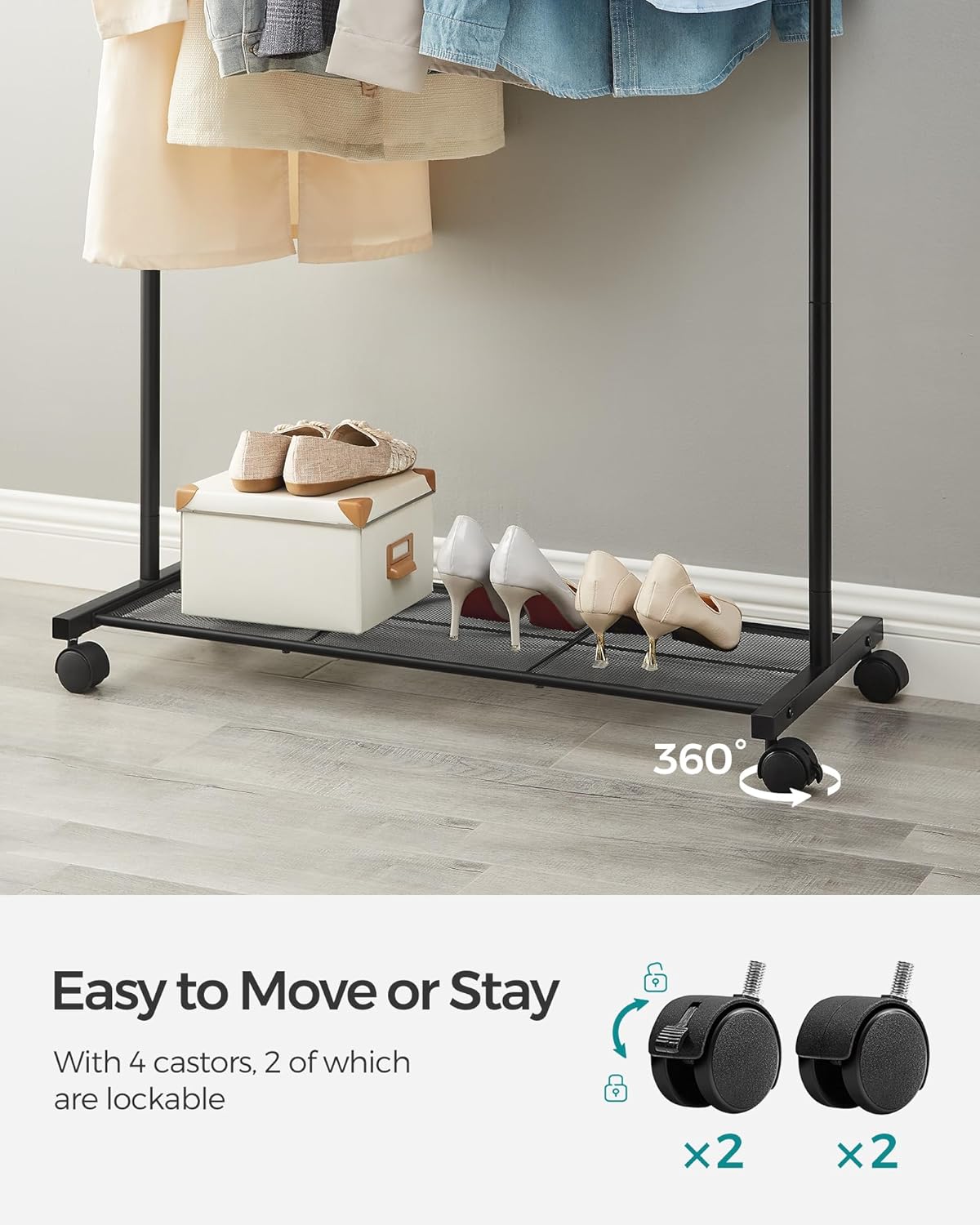 SONGMICS Clothes Rack with Wheels, Clothing Rack for Hanging Clothes, 25.4 mm Metal Garment Rack with Dense Mesh Storage Shelf, 110 lb Load Capacity, 2 Brakes, Black UHSR25BK
