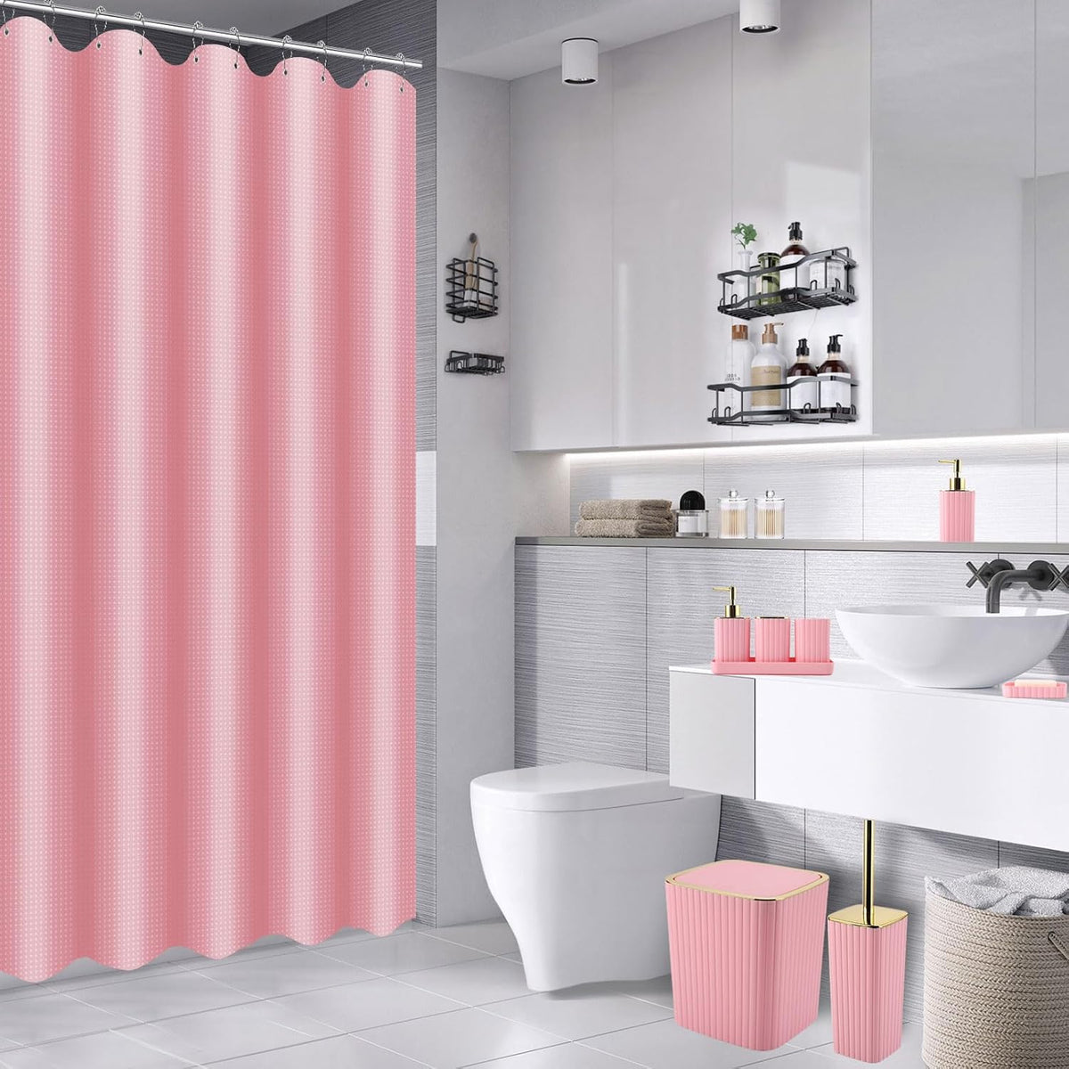 28PC Bathroom Set - Gorgeous Pink Bathroom Set, Bathroom Accessory Set, Pink Shower Curtain Set with 5PC Shower Caddy