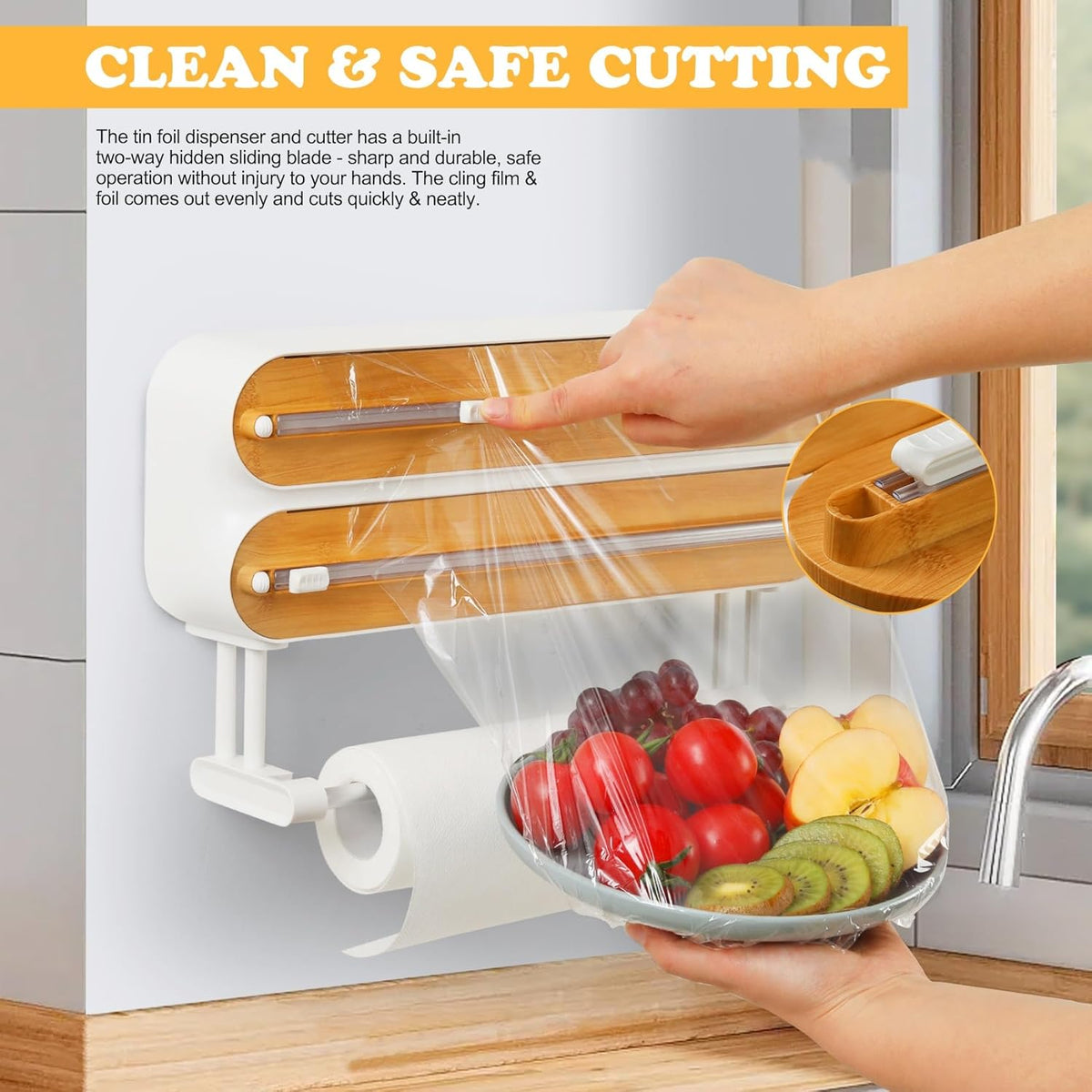 Magnetic Plastic Wrap Dispenser with Cutter - Quasziwa Refillable Tin Foil and Plastic Wrap Organizer for Kitchen, Aluminum Foil Dispenser with Paper Towel Holder Wall Mount - Fits 12" Roll, White