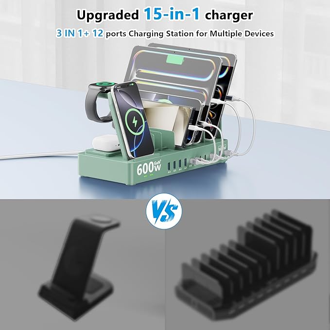 600w Charging Station for Multiple Devices, 15 in 1 Wireless Charger