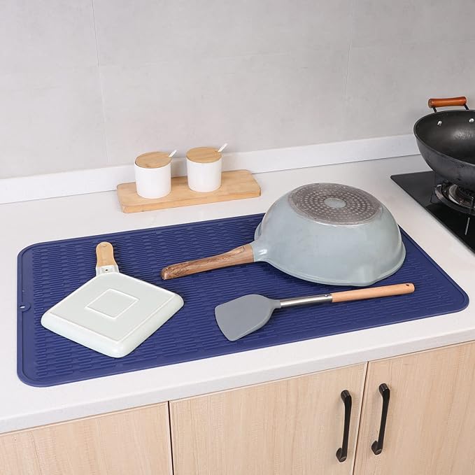 Silicone Dish Drying Mat for Multiple Usage,Easy clean,Eco-friendly,Heat-resistant Silicone Mat for Kitchen Counter or Sink,Refrigerator or Drawer Liner Navy Blue 4XL 32 inches x 18 inches