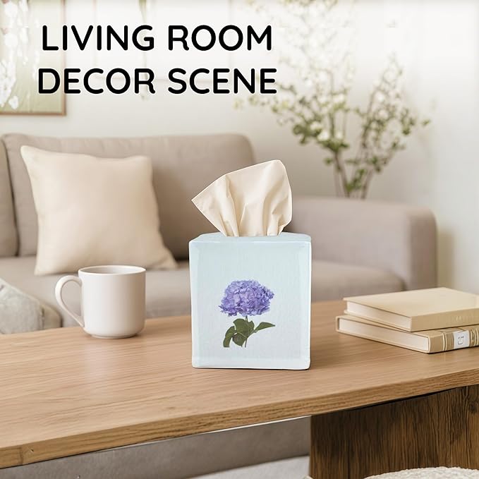 EmbroideryLinen.VN Tissue Box Cover Set of 2, Square Linen Tissue Holder, Printed Floral Design, 4.5x4.5x5.5 Inches, Decorative Holder for Bathroom, Living Room, Office (Hydrangea)