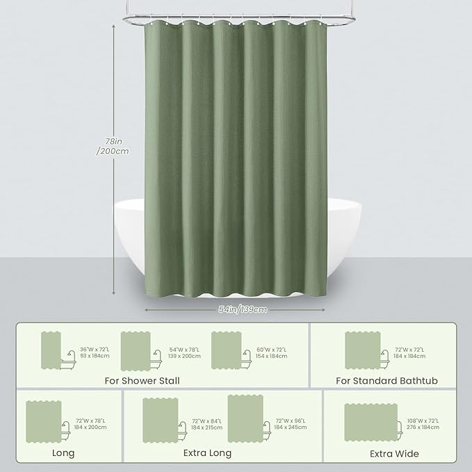 Inhousolu Fabric Shower Curtain Waffle Weave, Sage Green 230 GSM Heavy Duty, Weighted Hem, 12 Metal Hooks, Water Repellent, Machine Washable, Hotel Spa Luxury Bath Curtain Set, 54 x 78 Inch