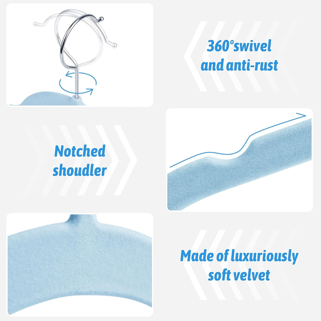 30 Pack Velvet Hangers – Premium Non-Slip Slim Clothes Hangers with 360° Swivel Hook, Space-Saving Flocked Shirt Hangers for Coats, Dresses, Blouses, Suits(Blue)