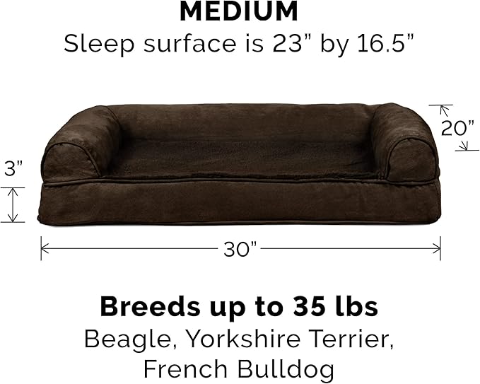Furhaven Cooling Gel Dog Bed for Medium/Small Dogs w/ Removable Bolsters & Washable Cover, For Dogs Up to 35 lbs - Plush & Suede Sofa - Espresso, Medium