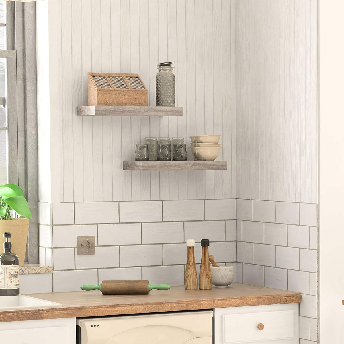 HOOBRO Floating Shelves for Wall, Wall Mounted Shelf Set of 2, 15.7" Hanging Shelf with Invisible Brackets, for Wall in Bathroom, Bedroom, Toilet, Kitchen, Living Room, Office, Greige BG40BJ01