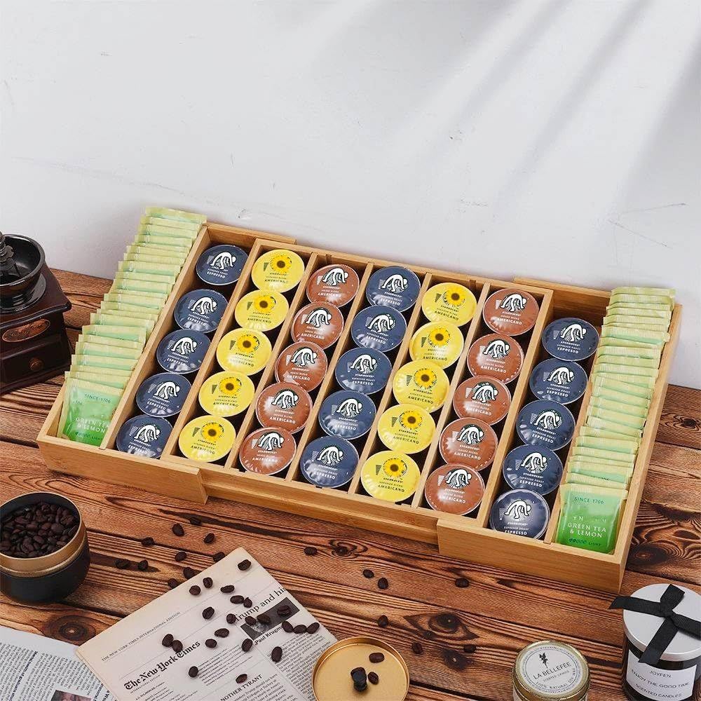 K Cup Holder Bamboo Coffee Pod Holder Drawer Organizer, Expandable K Cup Pod Storage Tea Bag Storage for Coffee Station Home Office and Kitchen