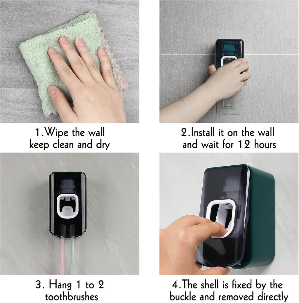 2 Slot Toothbrush Holder and Toothpaste Dispenser Wall Mounted, Automatic Toothpaste Squeezer, 2 in 1 Tooth Brush Toothpaste Organizer for Shower (Green 2Pack)