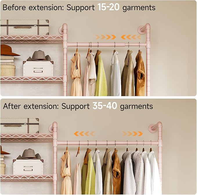 ONBRILL H3 Wall Mounted Closet System, Expandable Industrial Pipe Clothes Rack