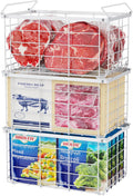 iSPECLE Deep Freezer Organizer Bins - 3 Pack Large Freezer Organizer Bins for 5 to 7 Cu.Ft Chest Freezer, Stackable Easy Access Food No More Digging, Sturdy Metal Wire Basket Not Scratch Bottom, White