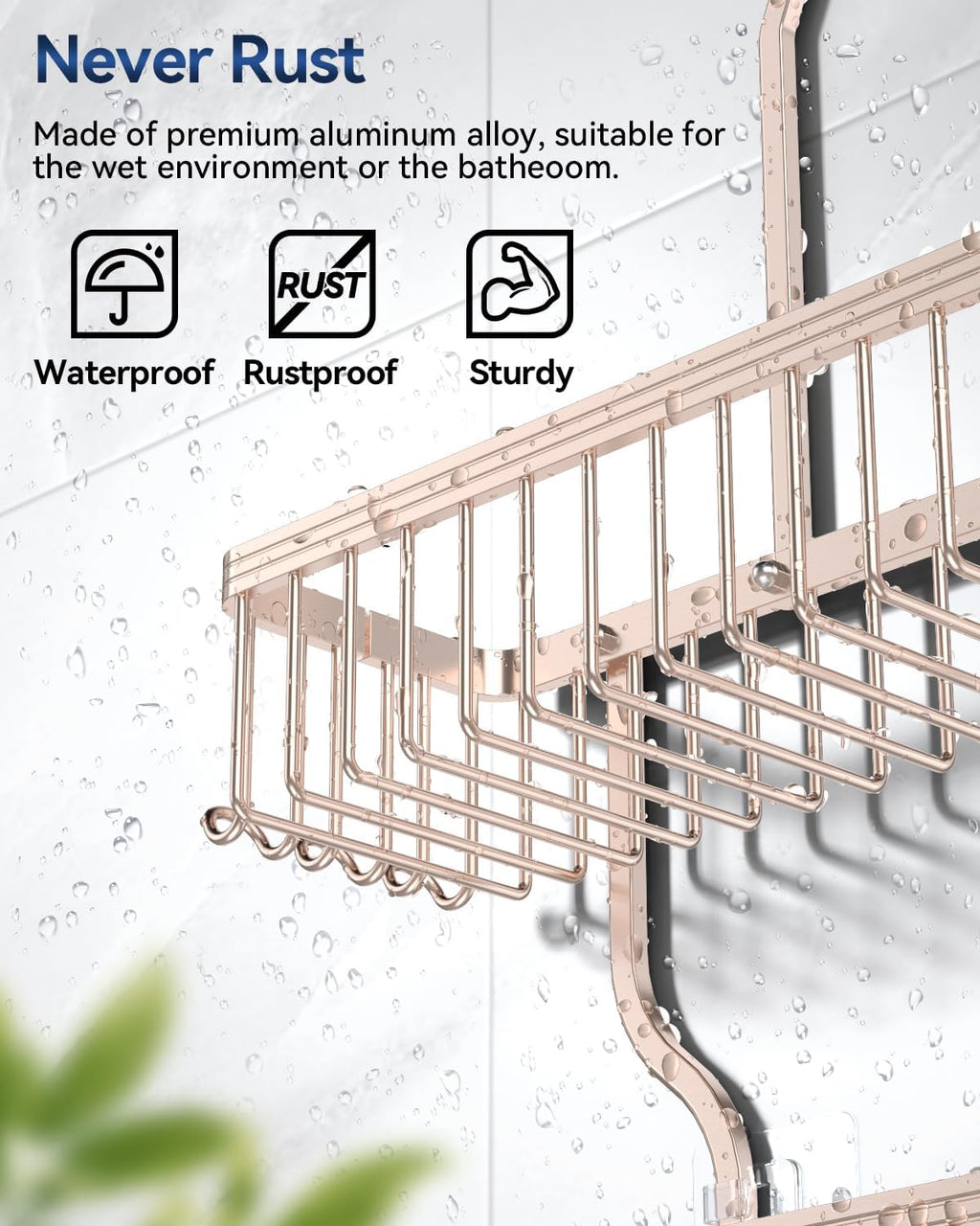 YASONIC Shower Caddy Hanging - Never Rust Shower Organizer - Aluminum over The shower head caddy with 10 Hooks for Razor/Sponge - Shower Rack with Soap Basket - Rose Gold