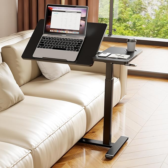 Overbed Table with Wheels, Pneumatic Height Adjustable Overbed Bedside Table