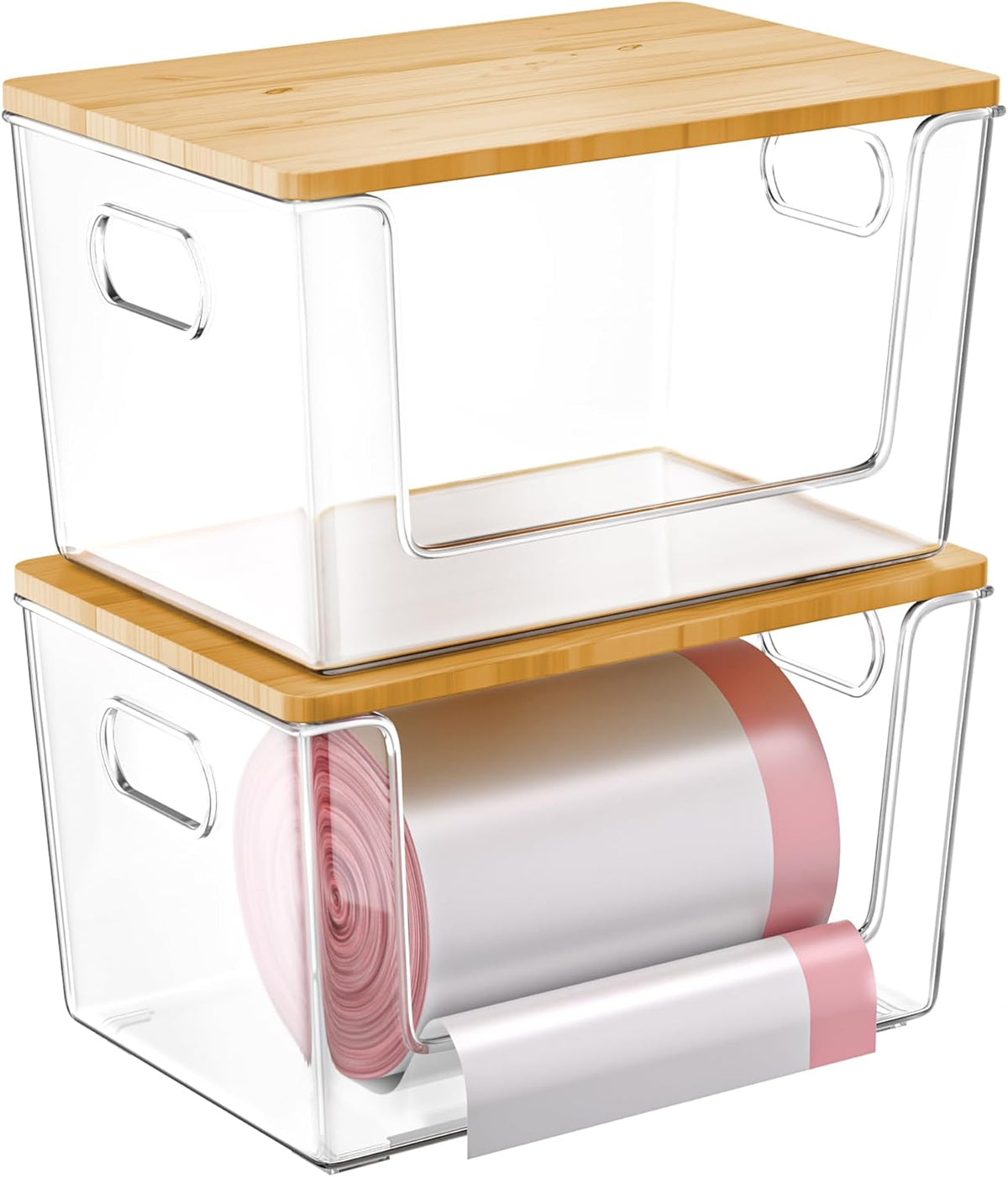 2 Set Pantry Organizer and Storage, Stackable Trash Bag Dispenser Clear Acrylic Kitchen Counter Pantry Baskets for Potato, Onion, Produce, Fruit, Vegetable, Snack, Trash Bag Holder with Bamboo Lid