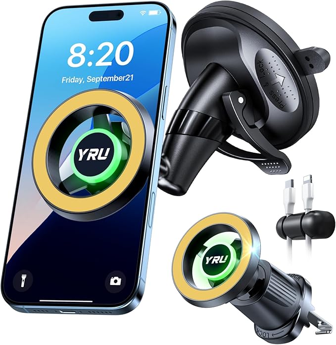 YRU [Truely Upgrade & Patent] Car Phone Holder for Magsafe [98+LBS Strongest Suction & Enhanced Magnetic] Dashboard Car Mount Windshield Vent Phone Stand for iPhone 17/16/15/14/13/12 Pro Max (Golden)