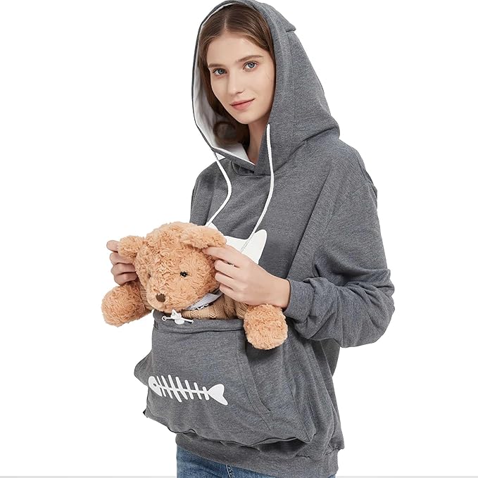 Gets Pet Cat Dog Pouch Hoodie Kitten Puppy Holder Carrier Pullover Long Sleeve Kangaroo Pocket Hoodie Unisex (Dark Grey,XL)
