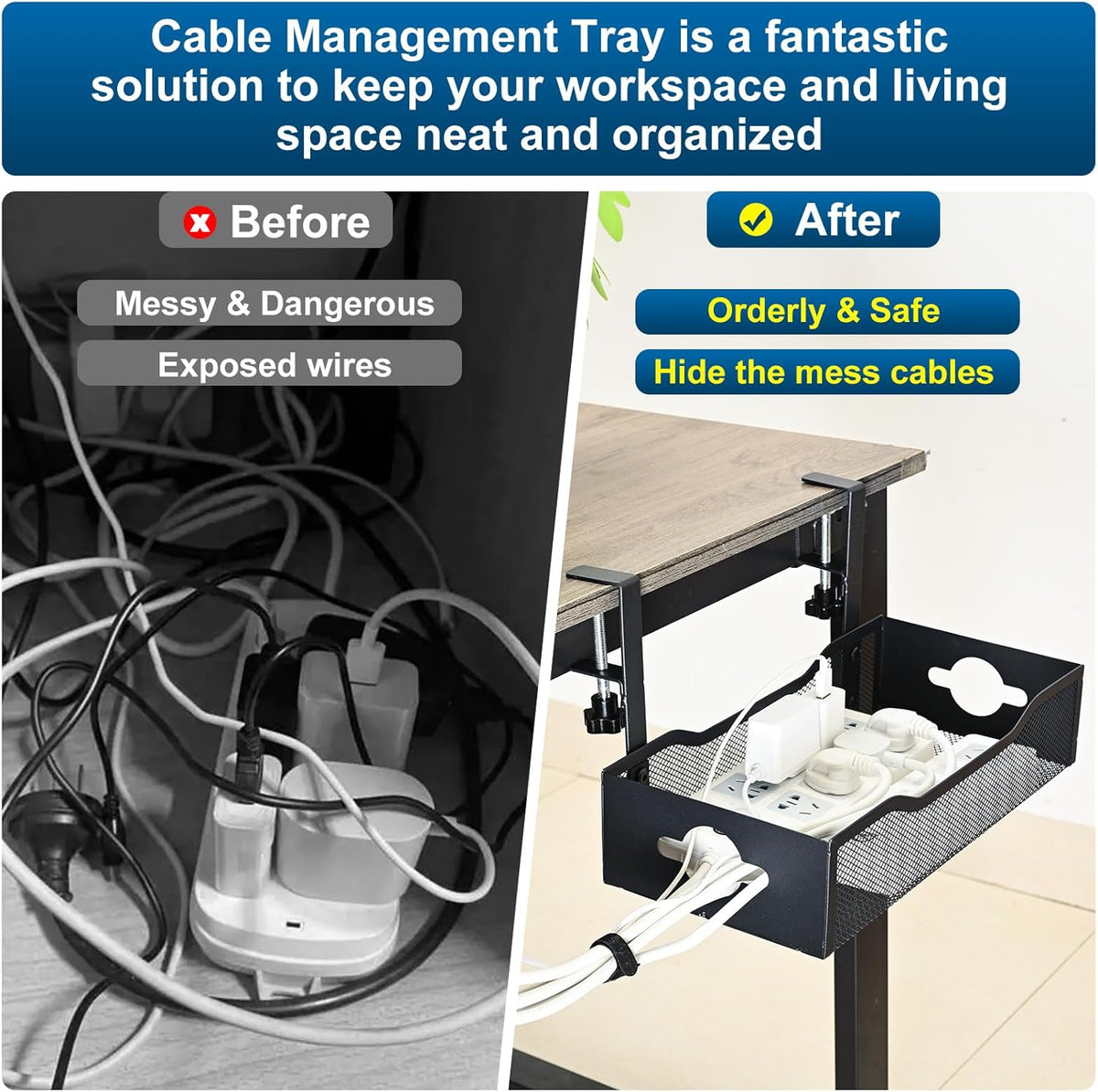 Large Under Desk Cable Management Tray - Heavy Duty Metal Cord Organizer with No Drill Installation for Office & Home Office Desks to Hide Wires & Power Strips (Black, XL)