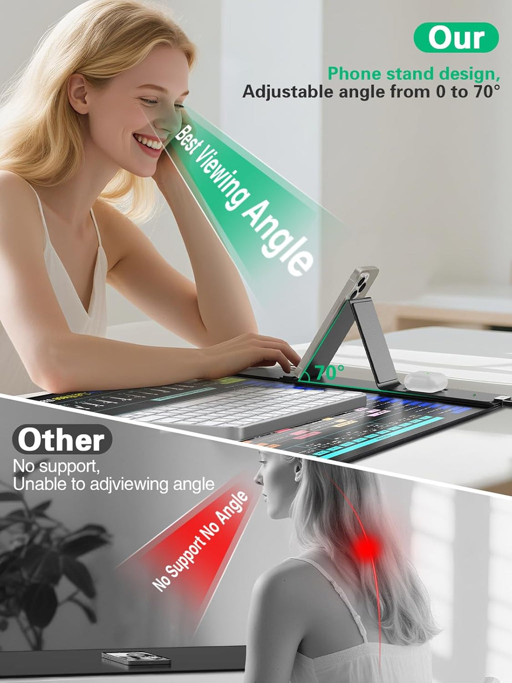 Mouse Pad for Excel/Word/PowerPoint/Windows Shortcut Keys, Desk Pad with Wireless Charger Phone Stand, XXL Large Excel Cheat Sheet Mousepad | PC Office Spreadsheet Desk Mat | Non-Slip Stitched Edge