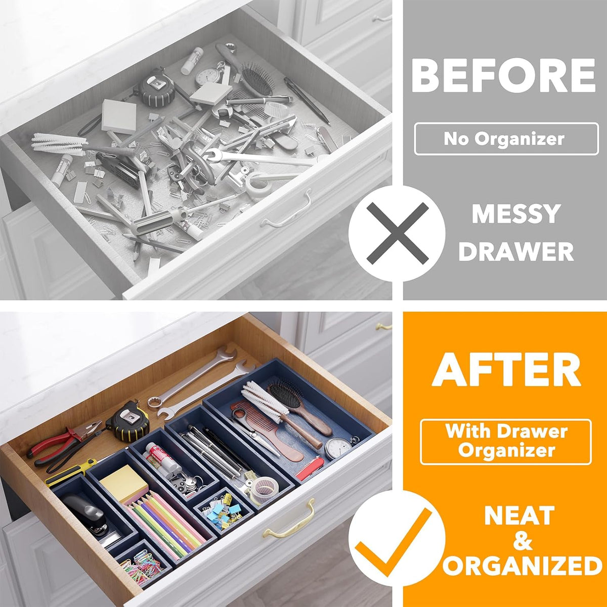 SpaceAid 7-Piece Bamboo Drawer Organizer Storage Boxes Set, Wood Tray Junk Drawer Organizers Multi-Use Divider Bins for Kitchen, Bathroom, Office Desk and Makeup Organization (7 Pack, Navy Blue)
