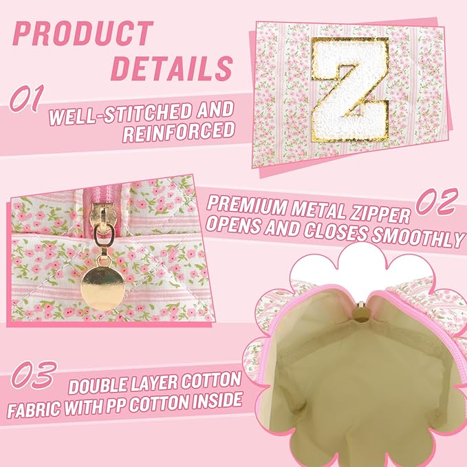 Personalized Quilted Cosmetic Bag, Puffy Monogrammed Christmas Birthday Gifts for Women & Girls, Cute initial Floral Makeup Bag Puffer Coquette Bag, Aesthetic Travel Toiletry Zipper Pouch(Pink,Z)