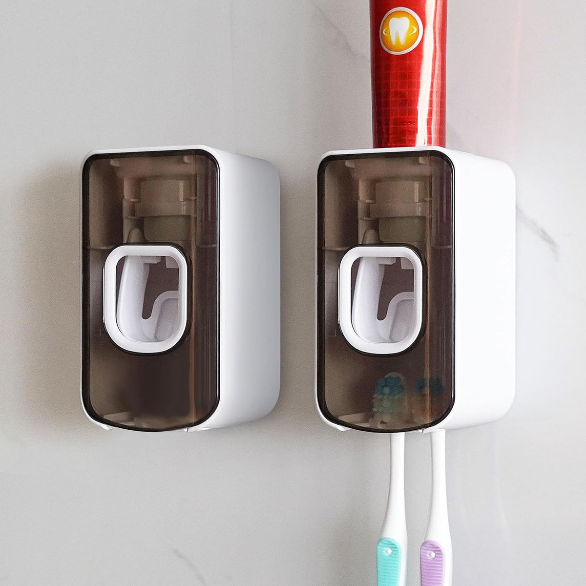2 Slot Toothbrush Holder and Toothpaste Dispenser Wall Mounted, Automatic Toothpaste Squeezer, 2 in 1 Tooth Brush Toothpaste Organizer for Shower (Grey 2Pack)