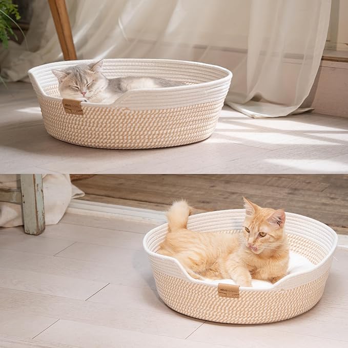 CHEERHOME PETS Cat Bed Basket with Cushion, Cute Pet Bed for Indoor Cats Couch, Kitten Bed for Medium and Large Cat, All Season Universal (White)
