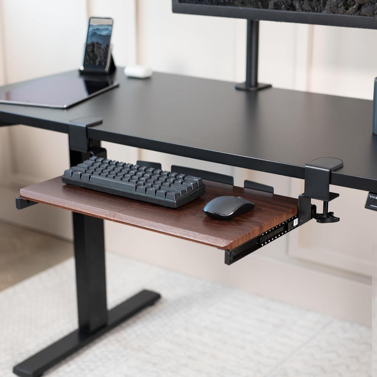 VIVO Small Keyboard Tray, Under Desk Pull Out with Extra Sturdy C Clamp Mount System, 20 (26 Including Clamps) x 11 inch Slide-Out Platform Drawer, Dark Walnut Top, Black Frame, MOUNT-KB05ES-D