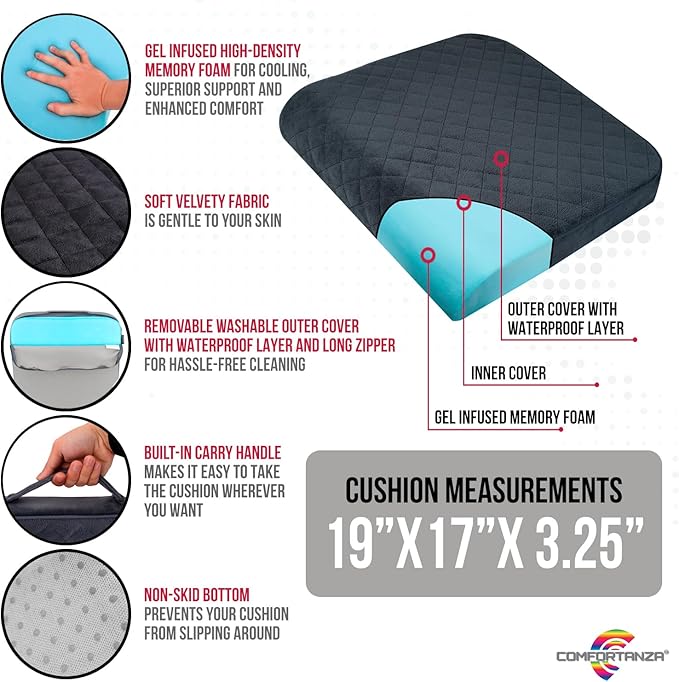 Large 19"x17"x3.25" Medium-Firm Memory Foam Seat Cushion with Cooling Effect, Washable Cover and Non-Slip Base for Office Chairs, Wheelchairs, Recliners, Cars - Back Pain Relief - Black