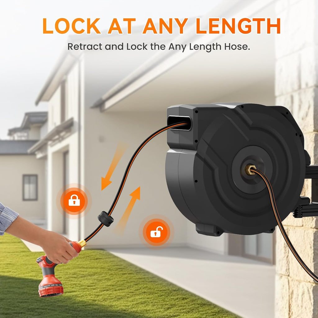 NEOTEC Retractable Garden Hose Reel 1/2 inch x 130ft - Wall Mounted Heavy Duty Hose Reel with 3/4 Inch Brass Fittings & 9-Pattern Nozzle - Auto Rewind System, Any Length Lock, 180° Swivel Bracket