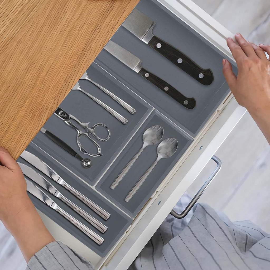 Bamboo Drawer Organizer - Kitchen Utensil Organizer Silverware Tray Cutlery Holder，Office Desk Supplies and Accessories,15 * 5.9 * 2.6,Grey