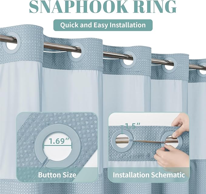 eachope Teal Hook Waffle Weave Shower Curtain with snap-in Liner Replacement, 230GSM Waterproof Fabric Hotel Shower Curtain Set for Bathroom, Through Mesh Top Window,71Wx74H