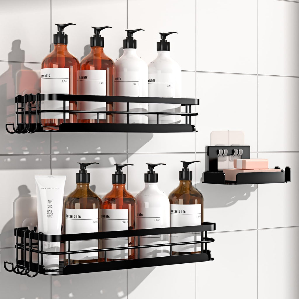 Large Capacity Shower Caddy, Heavy-Duty Adhesive Shower Organizers with Custom Aesthetic Design Soap, No Drilling Corner Shower Shelves, 5 Hooks for Bathroom Accessories, 3 Pack