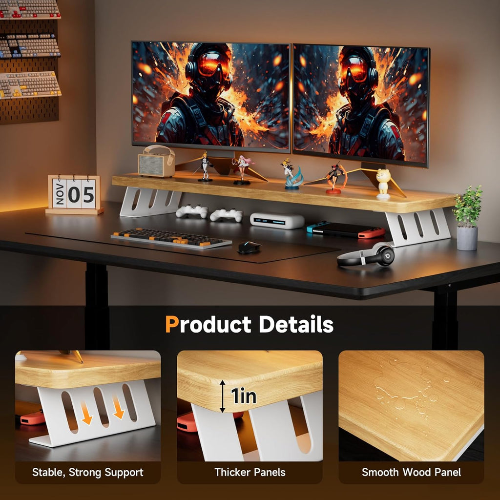 Dual Monitor Stand Riser, 39 Inch Large Wood Monitor Stands for 2 Monitors, Desk Monitor Riser for Computer/Laptop/Printer/TV, Stand Riser up to 220 lbs