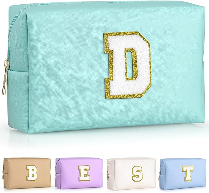 TOPEAST Preppy Small Makeup Bag, Chenille Letter Pouch Cosmetic Bag With Zipper, PU Leather Waterproof Toiletry Bag, Personalized Birthday Gift for Women, Cute Stuff for Girls (Blue D)