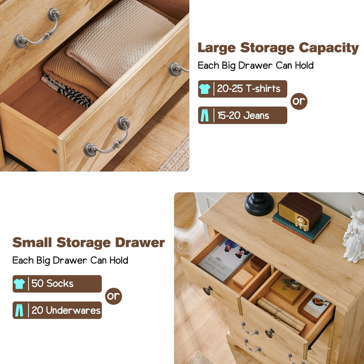 T4TREAM 6 Drawers Dresser Chests for Bedroom, 48" Tall Rustic Chset of Drawers, Wood Dressers Organizer for Bedroom, Living Room,Hallway, Natural Oak