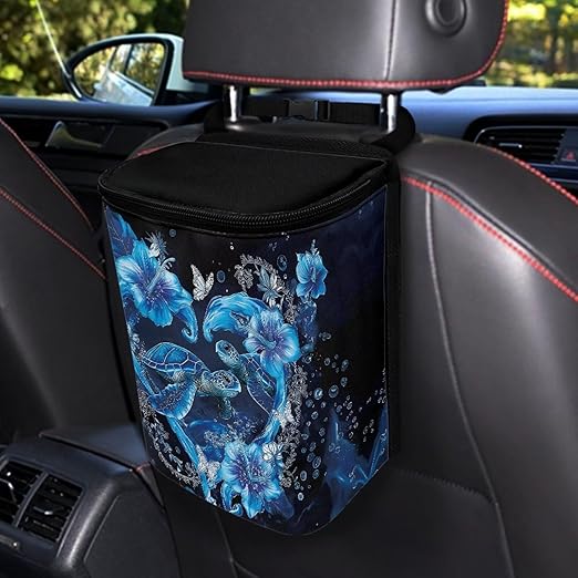Sea Turtle Car Trash Can Leak Proof Trash Bag with Lid and Zipper Tropical Floral Portable Collapsible Garbage Can Multipurpose Storage Organizer
