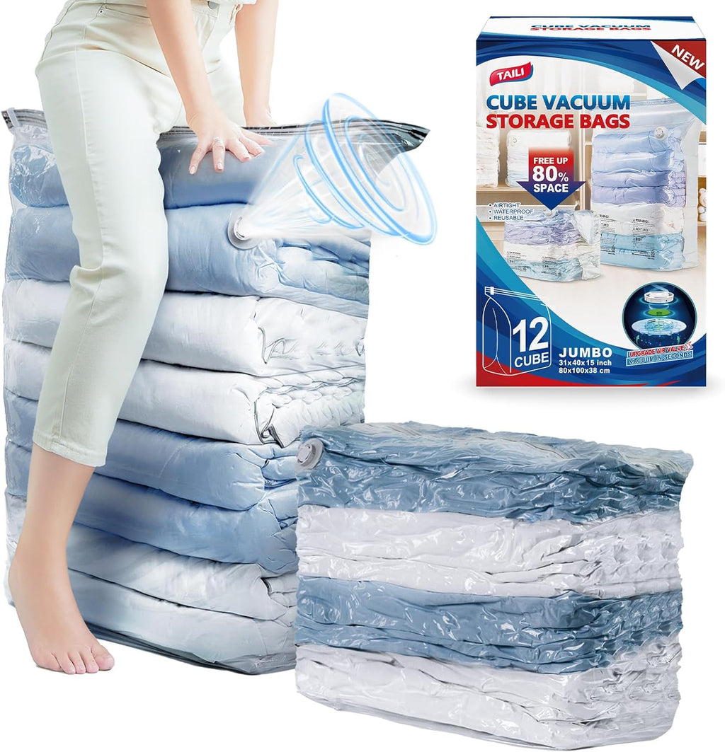 TAILI 12 Pack Vacuum Storage Bags, Jumbo Cube Space Saver (31x40x15 Inch), XL Large Vacuum Seale Bags for Comforters Blankets Bedding, Clothing, Clear