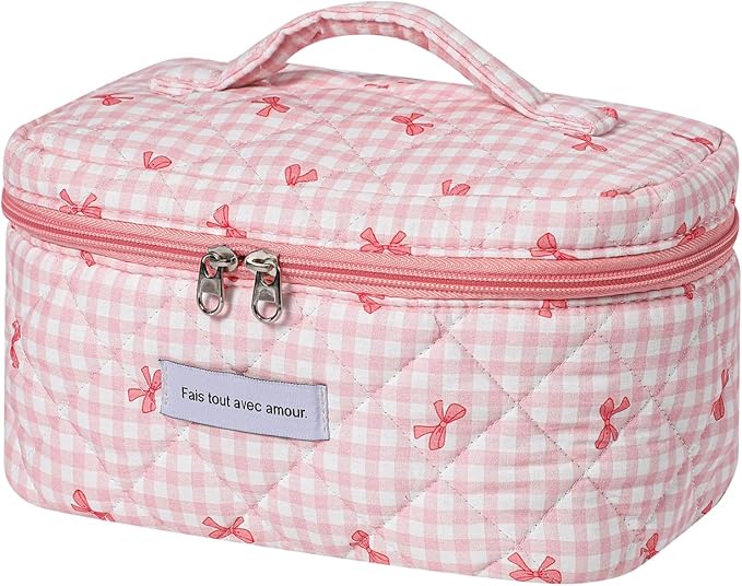 uekeboag Large Travel Quilted Makeup Bag for Women, Floral Cotton Cosmetic Bag, Coquette Aesthetic Floral Toiletry Organizer Bag